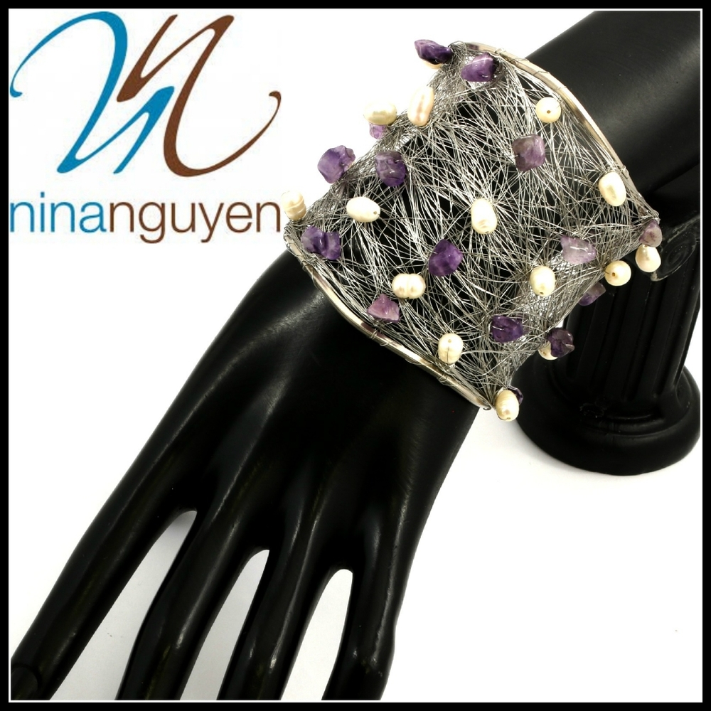 Nina Nguyen Wire Cuff Bangle Amethyst & Pearl
